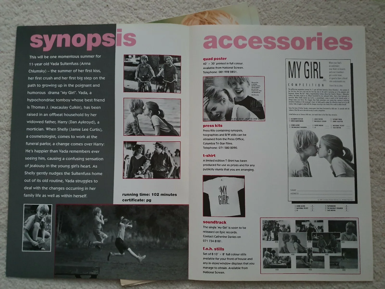 MY GIRL - 2 VINTAGE ORIGINAL UK PRESSBOOKS - CULKIN, AYKROYD, JAMIE LEE CURTIS, изображение 2