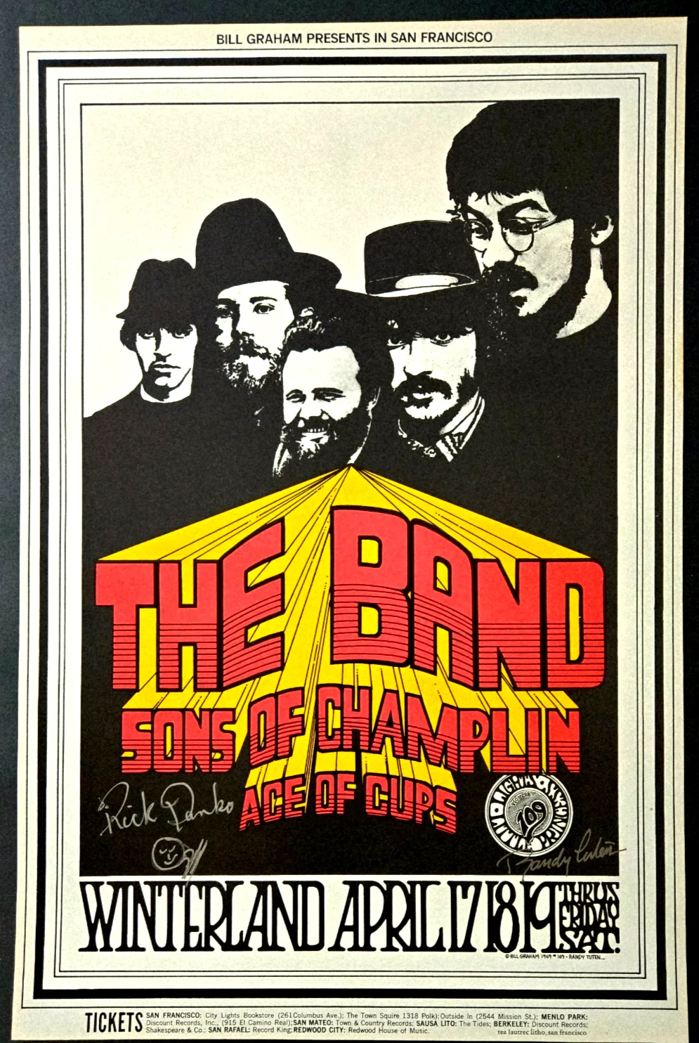 TWICE SIGNED The BAND BG 169 OP1 1969 Winterland Tuten & Rick Danko AOR Poster, изображение 4