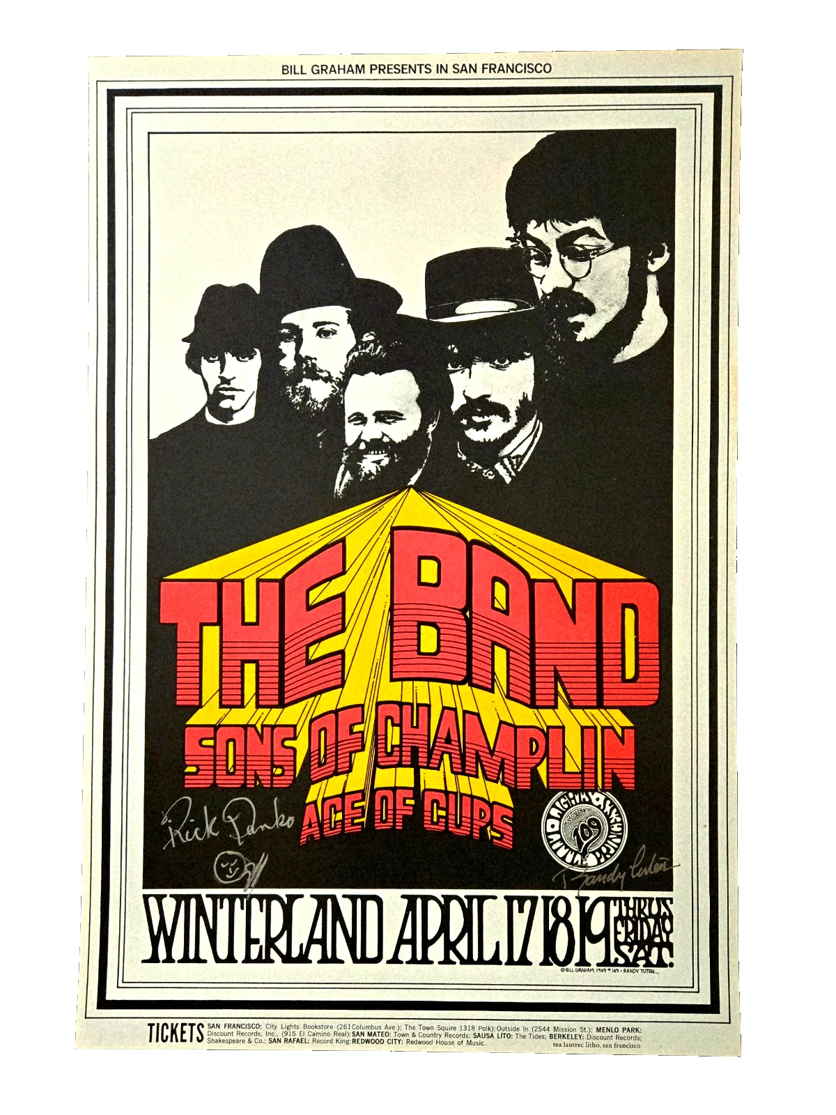 TWICE SIGNED The BAND BG 169 OP1 1969 Winterland Tuten & Rick Danko AOR Poster, изображение 5