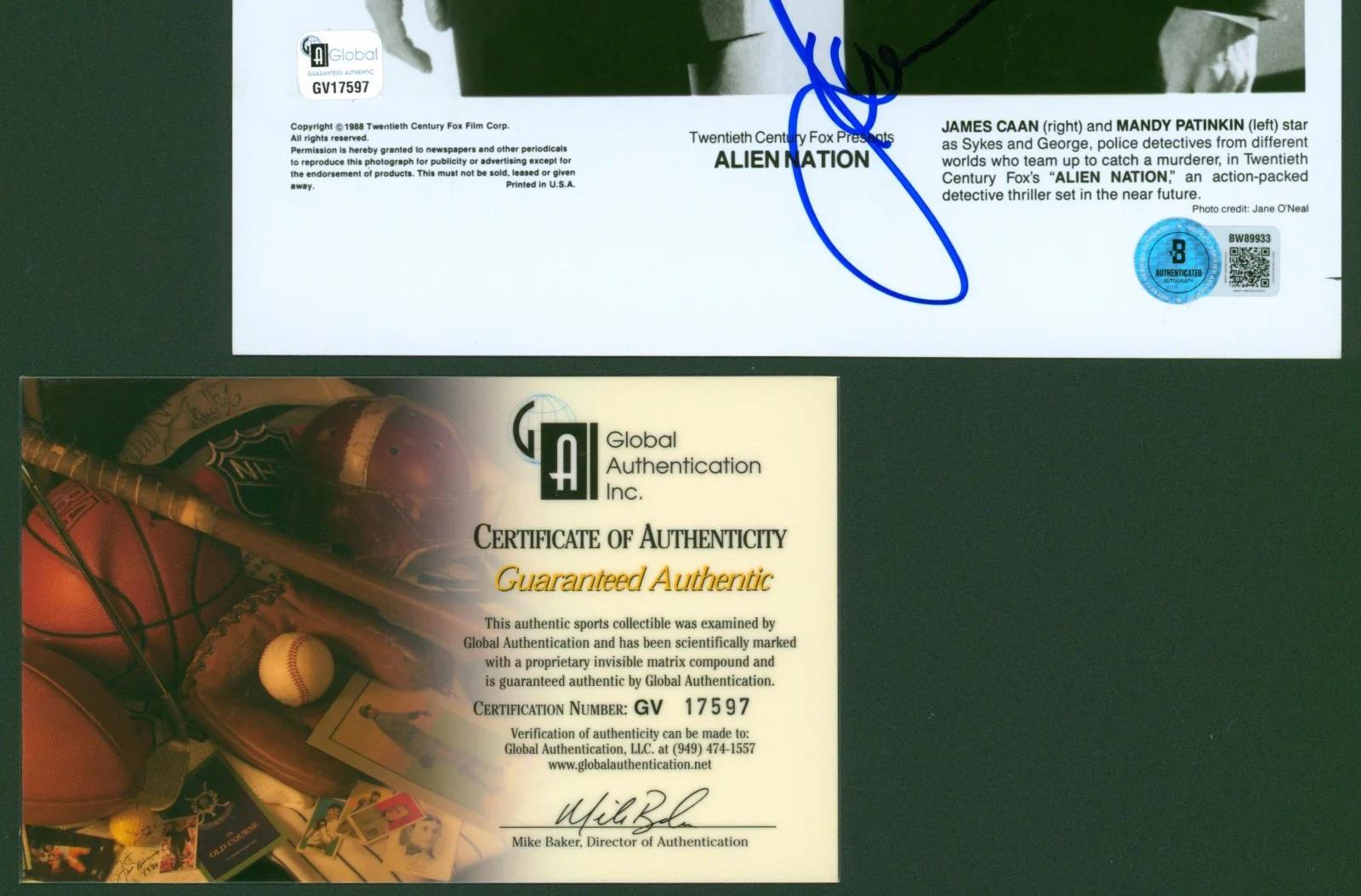 James Caan — JAMES CAAN MANDY PATINKIN Dual Signed 8x10 ALIEN NATION 1988 Movie Photo GA BAS, изображение 2
