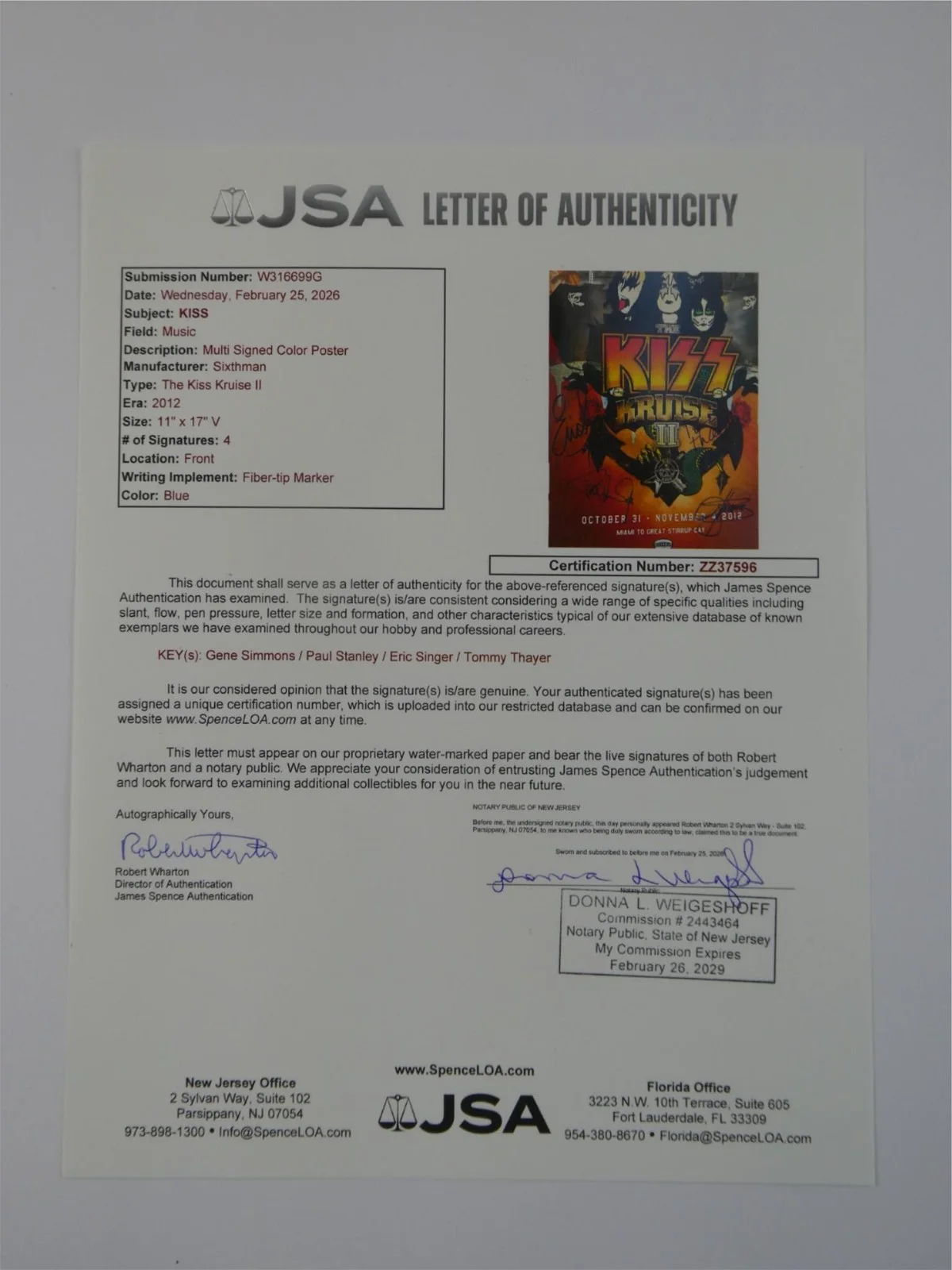 KISS Kruise II Signed 11x17 Poster Gene Simmons Paul Stanley +2 JSA COA LOA, изображение 4
