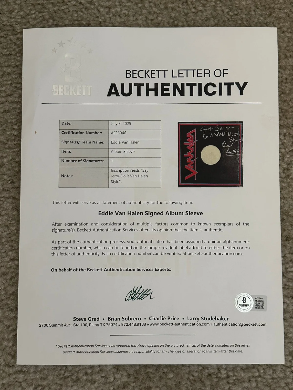 Eddie Van Halen Signed Autographed Album Sleeve - Beckett LOA, image 5