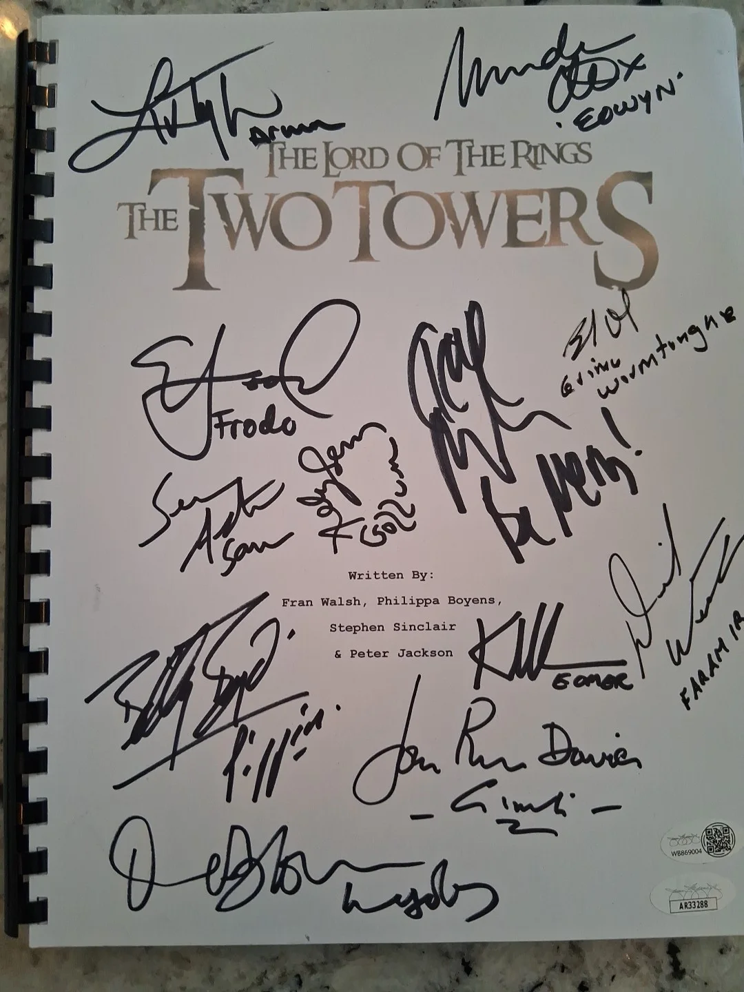 elijah Wood, Sean Asten, billy boyd, John Rhys Davies & many more — Elijah Wood And 13 Others Signed & Verified Lord Of The 2 Towers Script