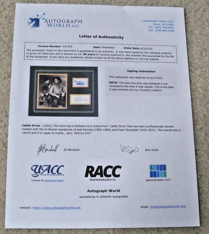Joe McCrea, Dean Stockwell — Cattle Drive signed cards with photo COA matted Joel McCrea Dean Stockwell, изображение 5