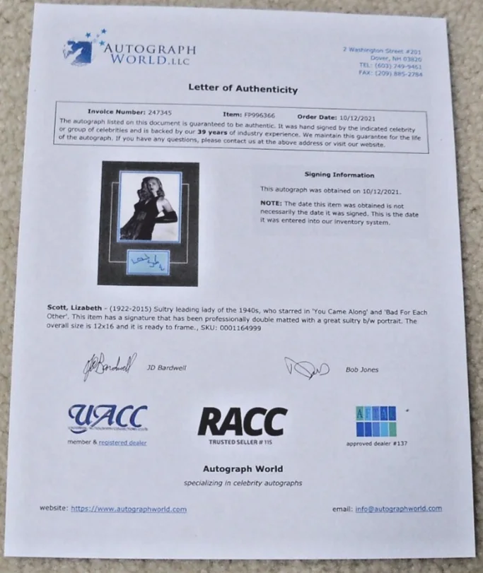 Lizabeth Scott — Lizabeth Scott signed card with photo COA matted ready to frame, image 4