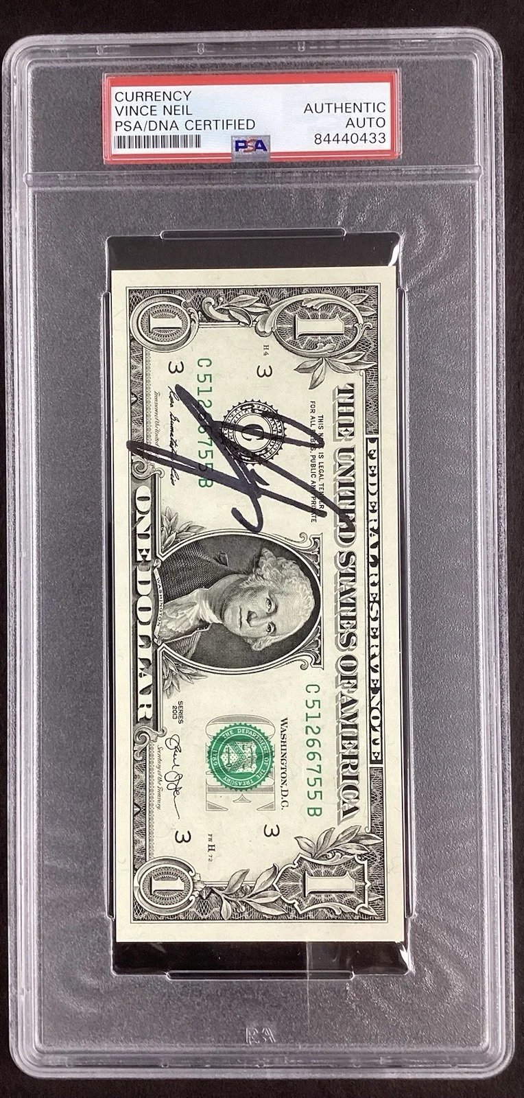 Vince Neil Signed Currency $1 Bill Motley Crue Singer Autograph HOF PSA/DNA, изображение 2