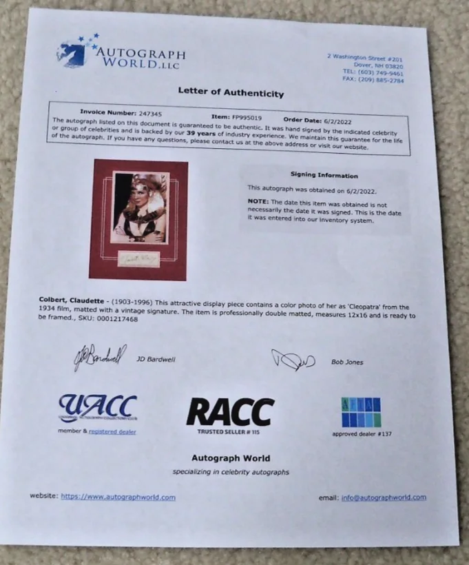 Claudette Colbert — Claudette Colbert signed card with photo COA matted ready to frame Cleopatra, image 4