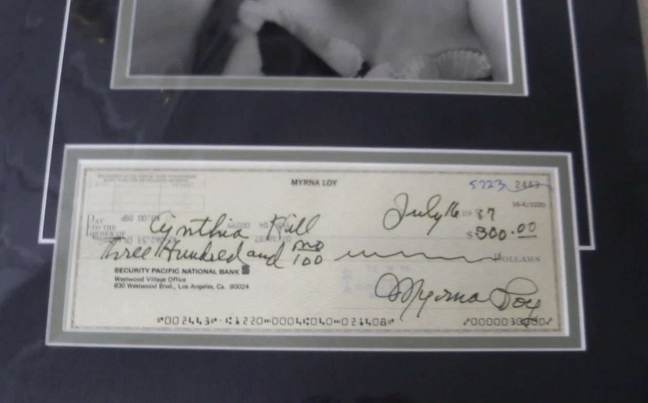 Myrna Loy — Myrna Loy signed check with photo COA matted ready to frame, image 2