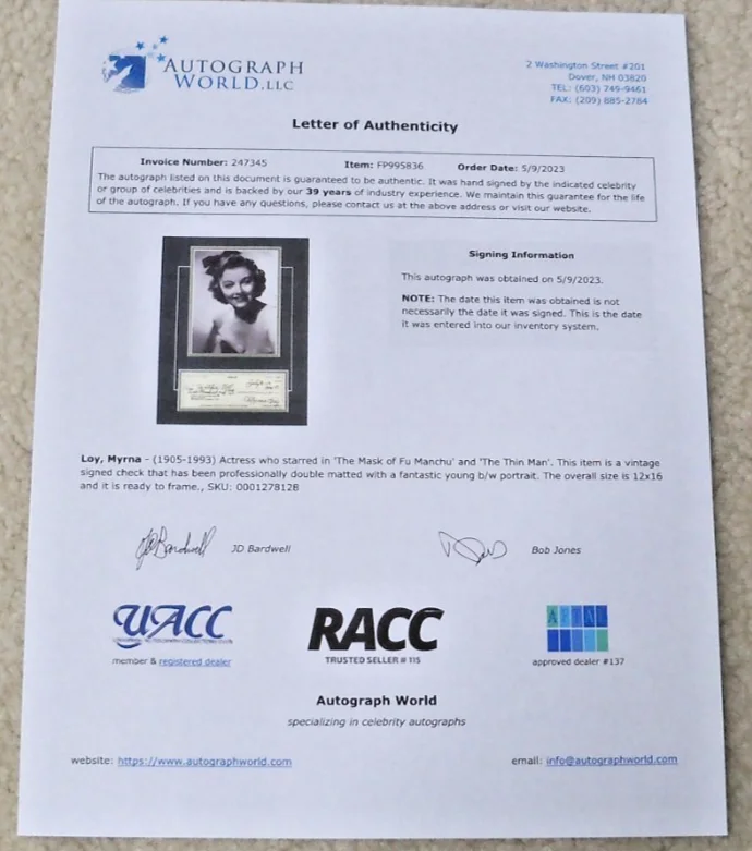 Myrna Loy — Myrna Loy signed check with photo COA matted ready to frame, image 4