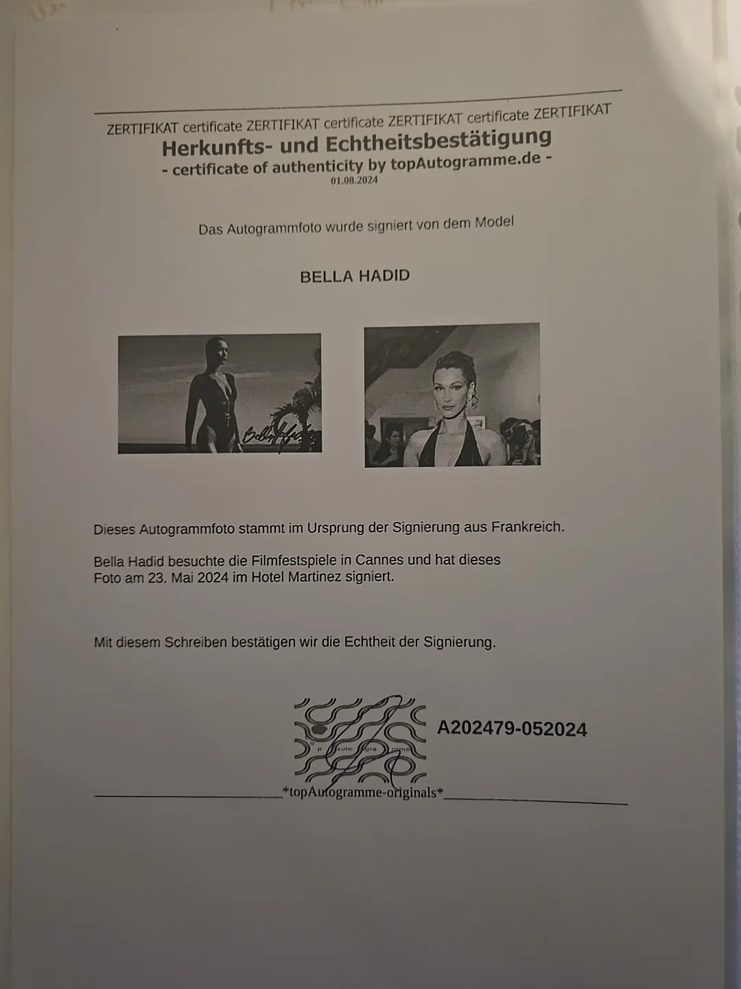 BELLA HADID XXL Autographed Photo 20x25cm, изображение 2