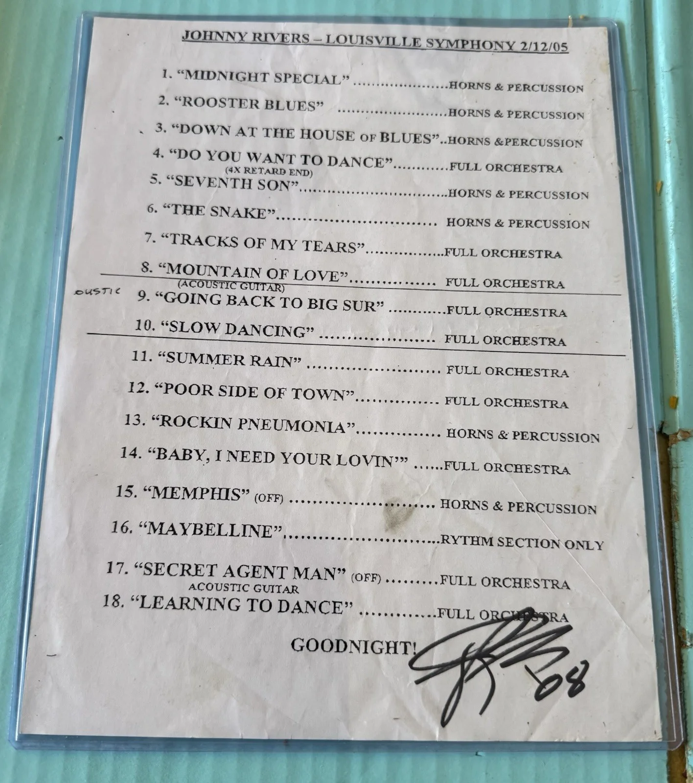 Johnny Rivers Autograph Louisville Palace 2/12/05 Hand Signed Song List, изображение 2