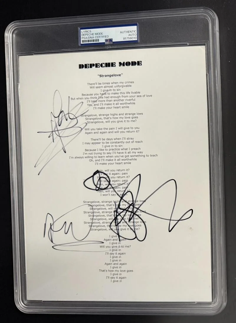 Dave Gahan, Martin Gore, Andy Fletcher — Depeche Mode Full Band Signed Autograph PSA/DNA Strangelove Slabbed Lyrics COA