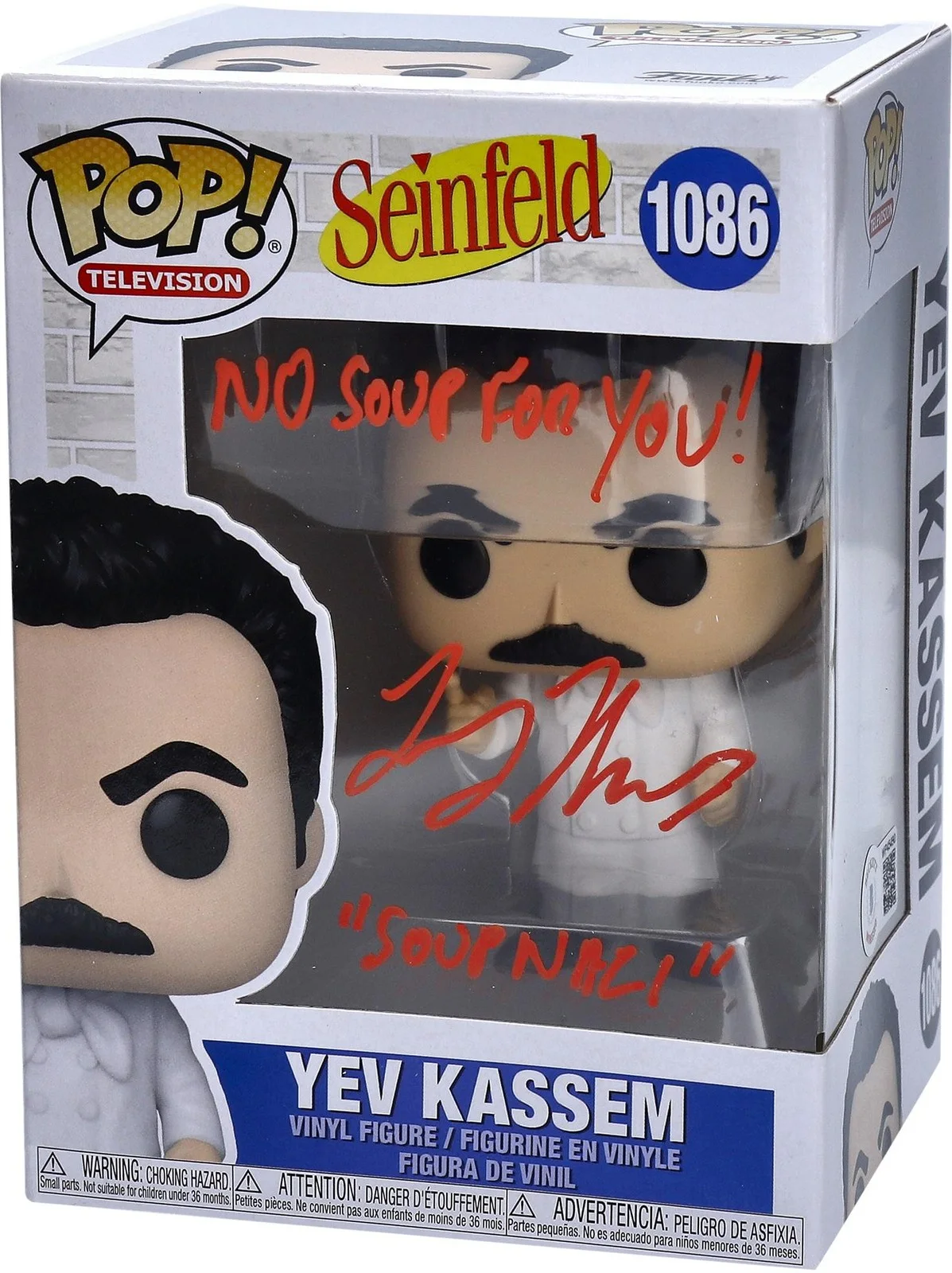 Larry Thomas — Larry Thomas Seinfeld Autographed Yev Kassem #1086 Red Funko Pop w/Soup Inscs