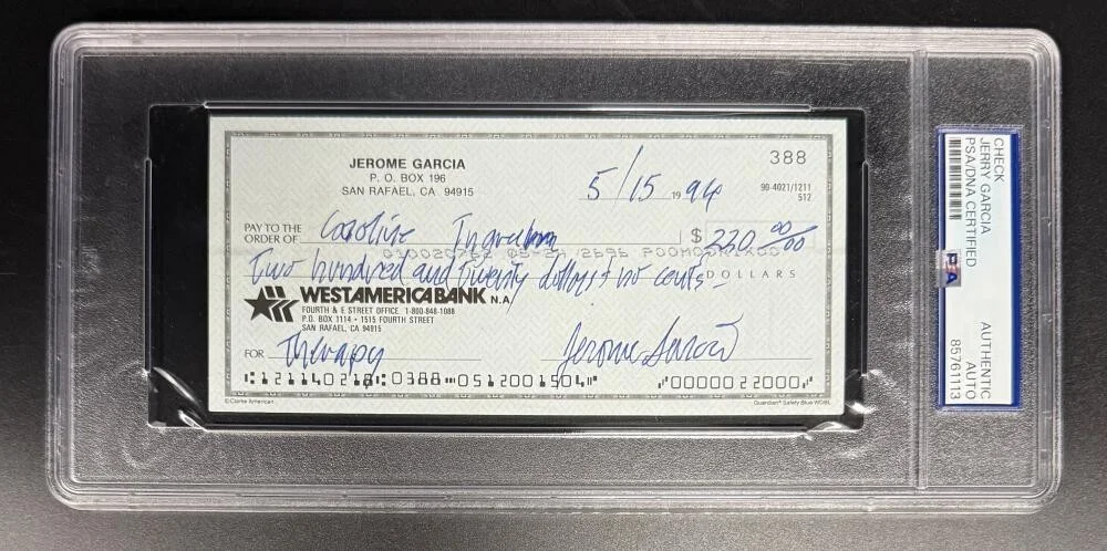 Jerry Garcia — Jerry Garcia Signed Autograph Grateful Dead Rare Bank Check Slab PSA/DNA COA C