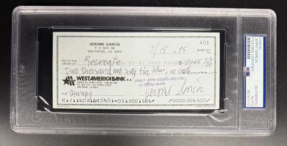 Jerry Garcia — Jerry Garcia Signed Autograph Grateful Dead Rare Bank Check Slab PSA/DNA COA B