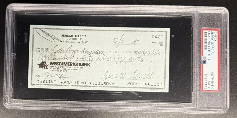 Jerry Garcia — Jerry Garcia Signed Autograph Grateful Dead Rare Bank Check Slab PSA/DNA COA A