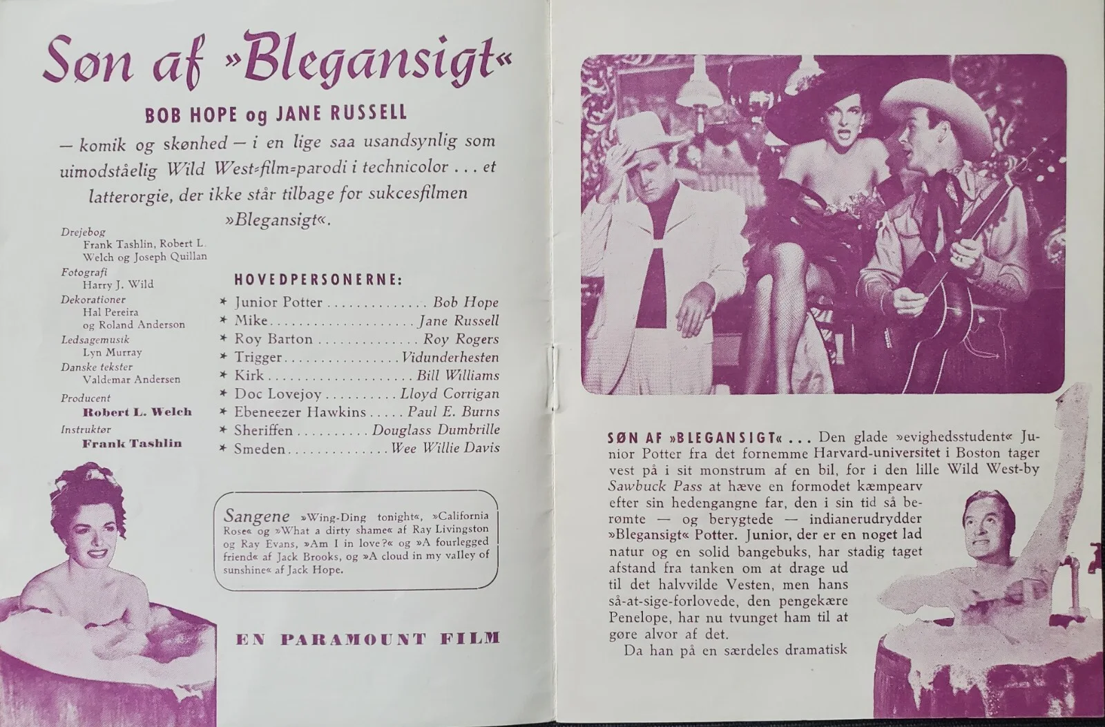 SON OF PALEFACE - VINTAGE ORIGINAL 1953 DANISH PROGRAM - JANE RUSSELL, BOB HOPE, image 3