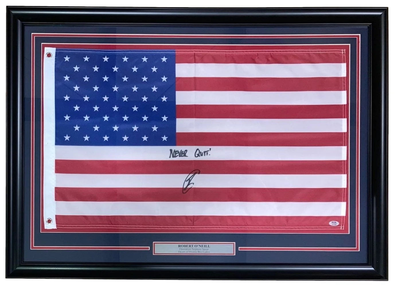 Robert O'Neill — Robert O'Neill Signed Framed American Flag 34x46 Never Quit Inscribed PSA ITP
