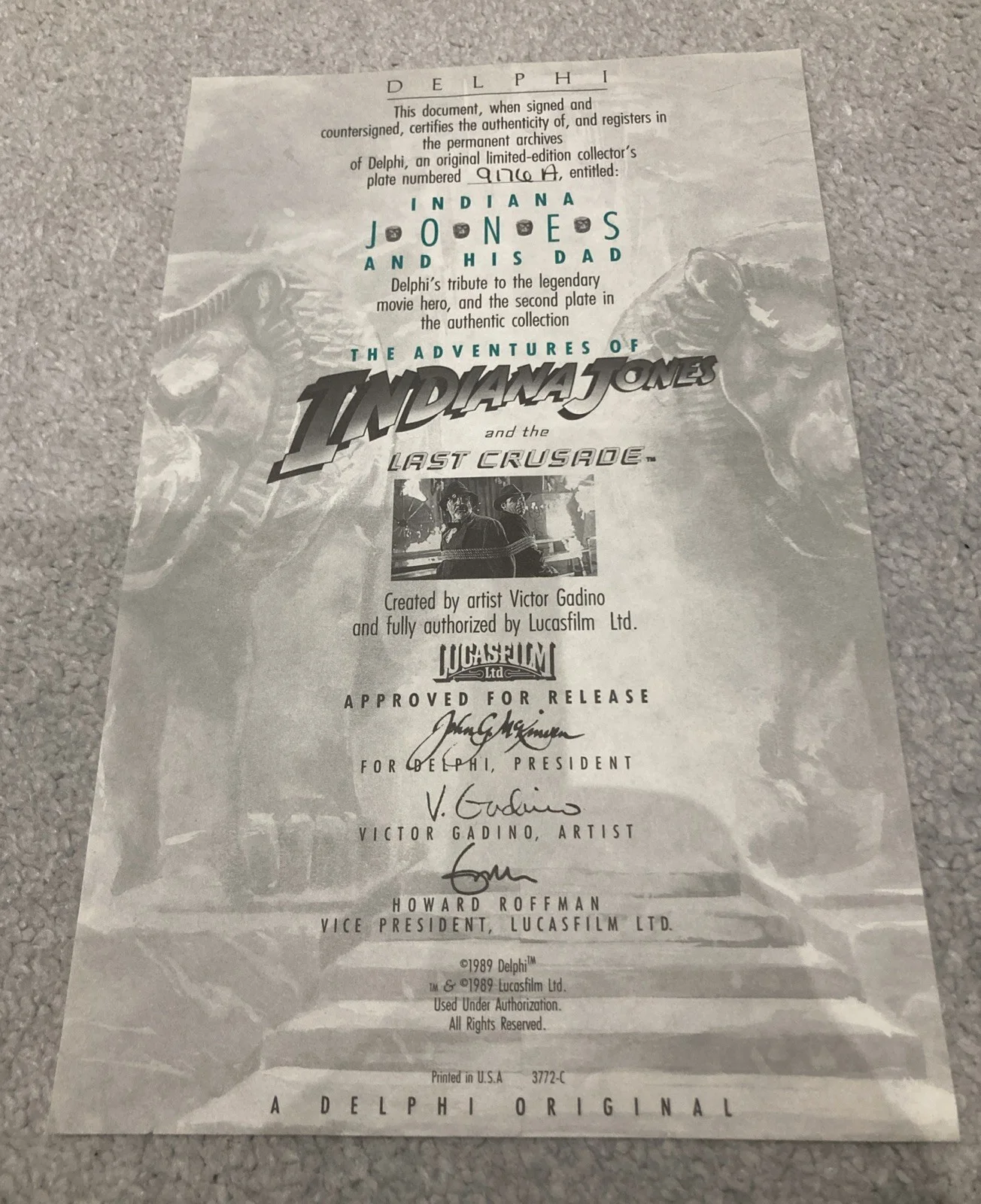 Indiana Jones & Dad Vintage Last Crusade Collectors Plate & COA Ltd Edition 1989, изображение 5