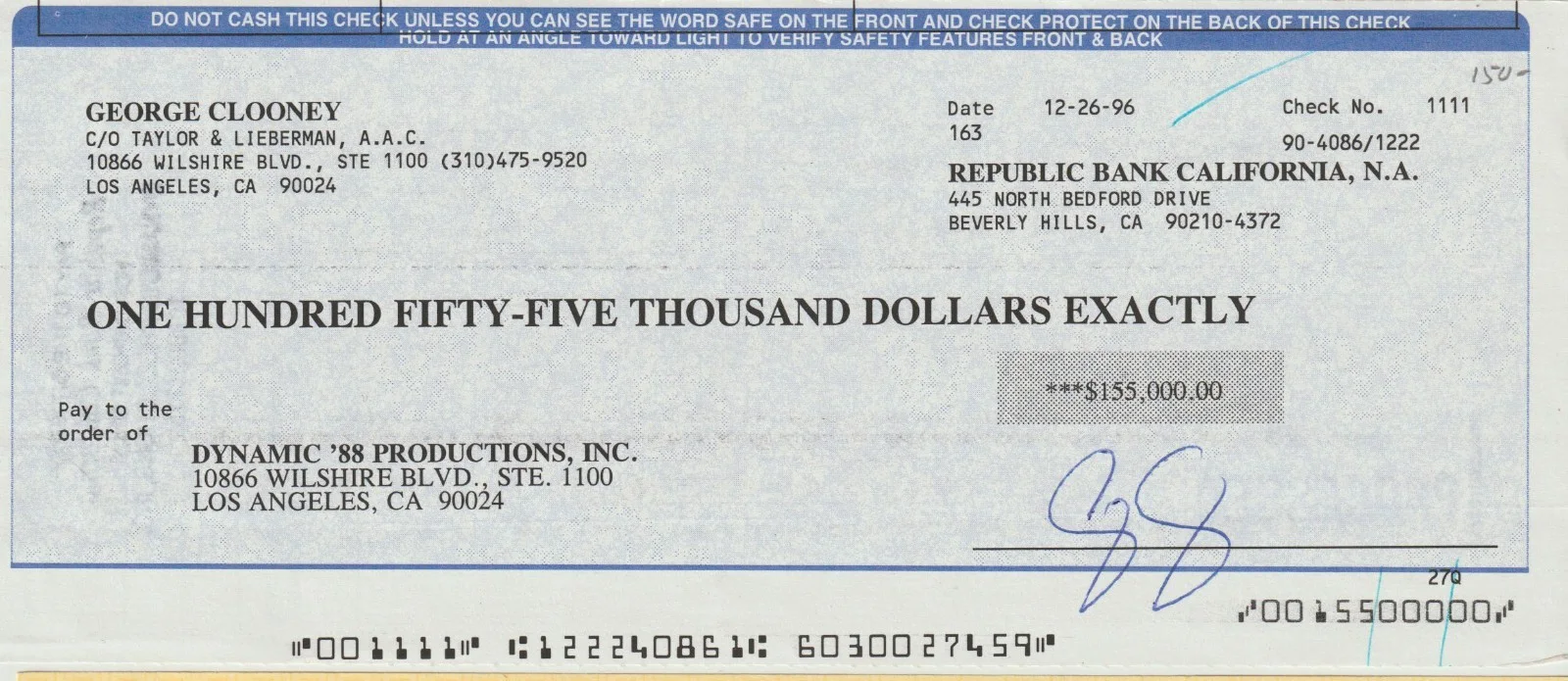 George Clooney — George Clooney HAND SIGNED $155,000 CHECK!!! ER, Ocean's Eleven, Batman & Robin