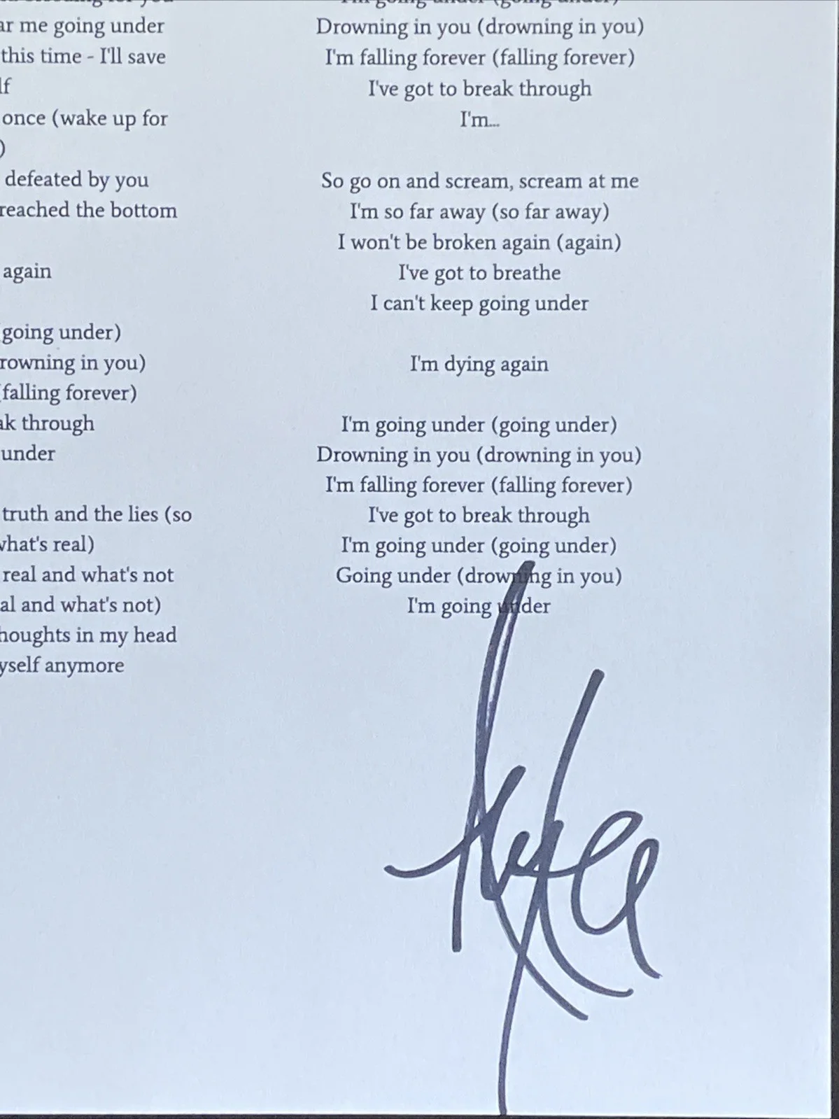 Amy Lee Evanescence Lead Singer Autographed Lyric Sheet ‘Going Under’, image 2