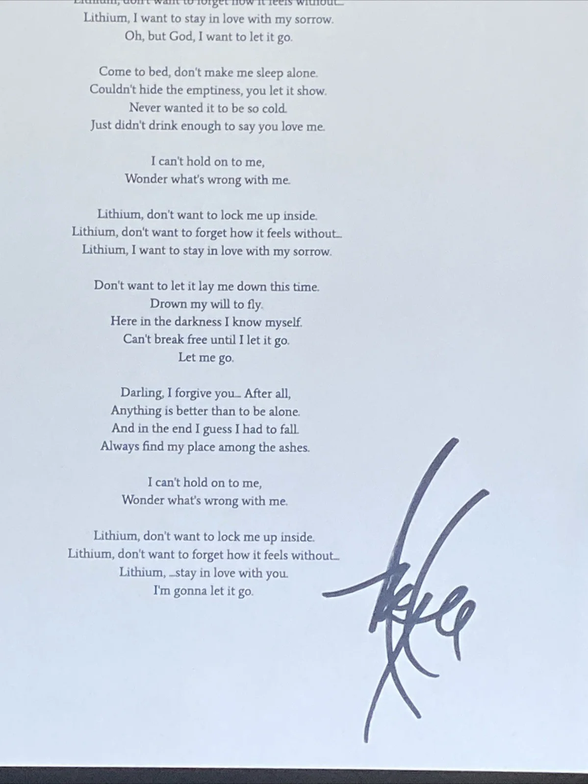 Amy Lee Evanescence Lead Singer Autographed Lyric Sheet ‘Lithium’, image 2