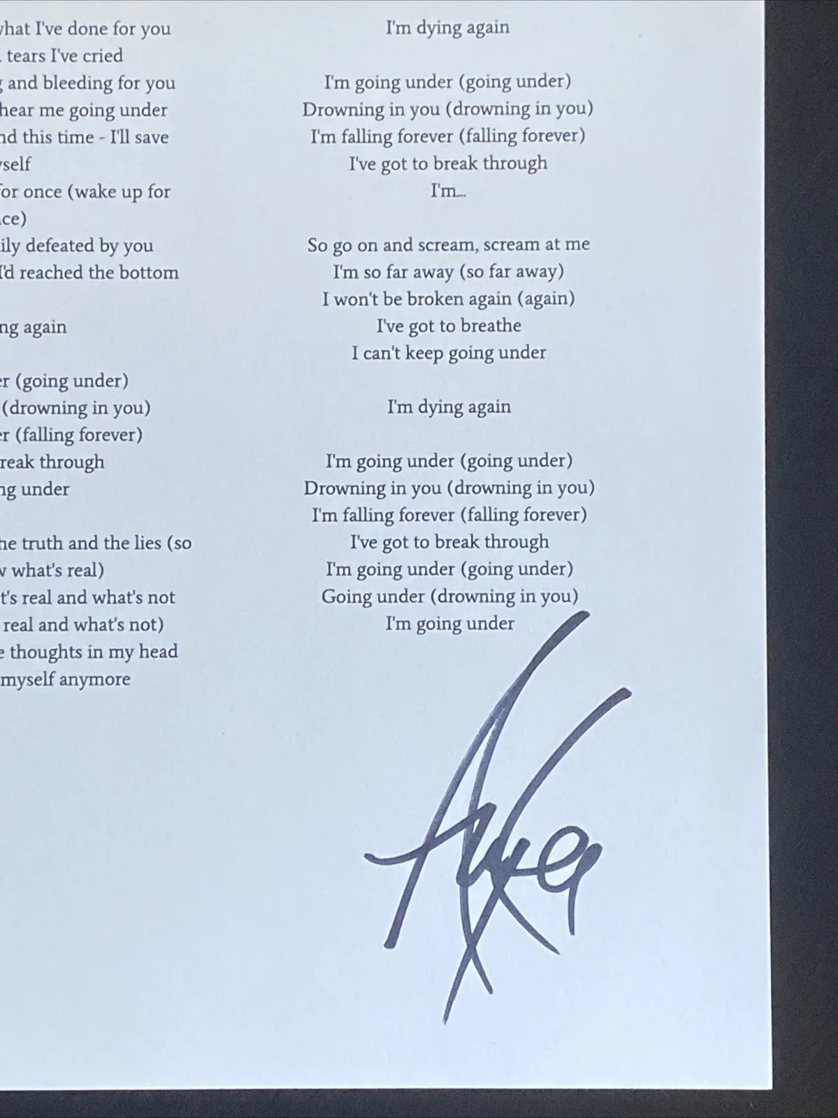 Amy Lee Evanescence Lead Singer Autographed Lyric Sheet ‘Going Under’, image 2