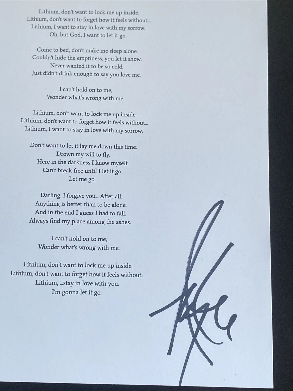 Amy Lee Evanescence Lead Singer Autographed Lyric Sheet ‘Lithium’, image 2