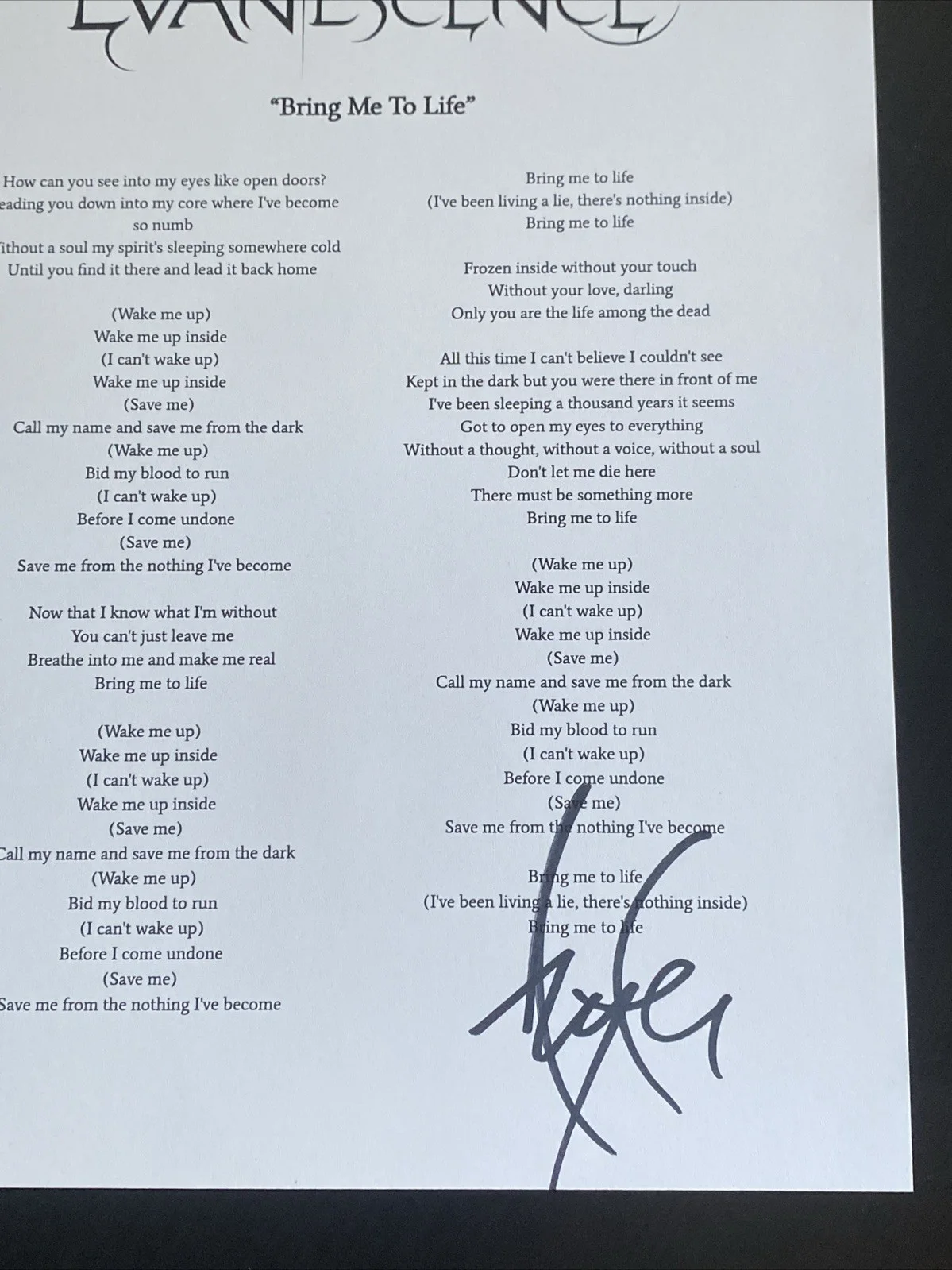 Amy Lee Evanescence Lead Singer Autographed Lyric Sheet ‘Bring Me To Life’, image 2