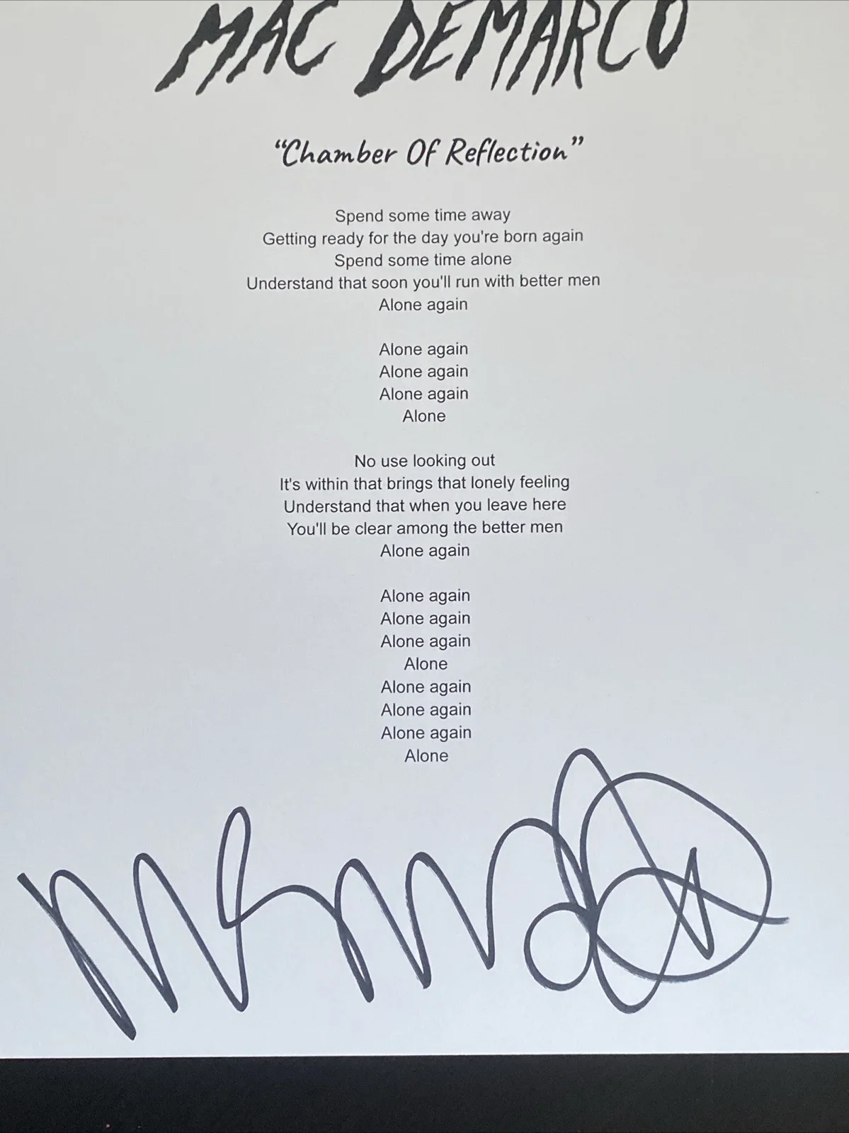 Mac DeMarco Autographed Lyric Sheet ‘Chamber Of Reflection' Indie Pop, image 2