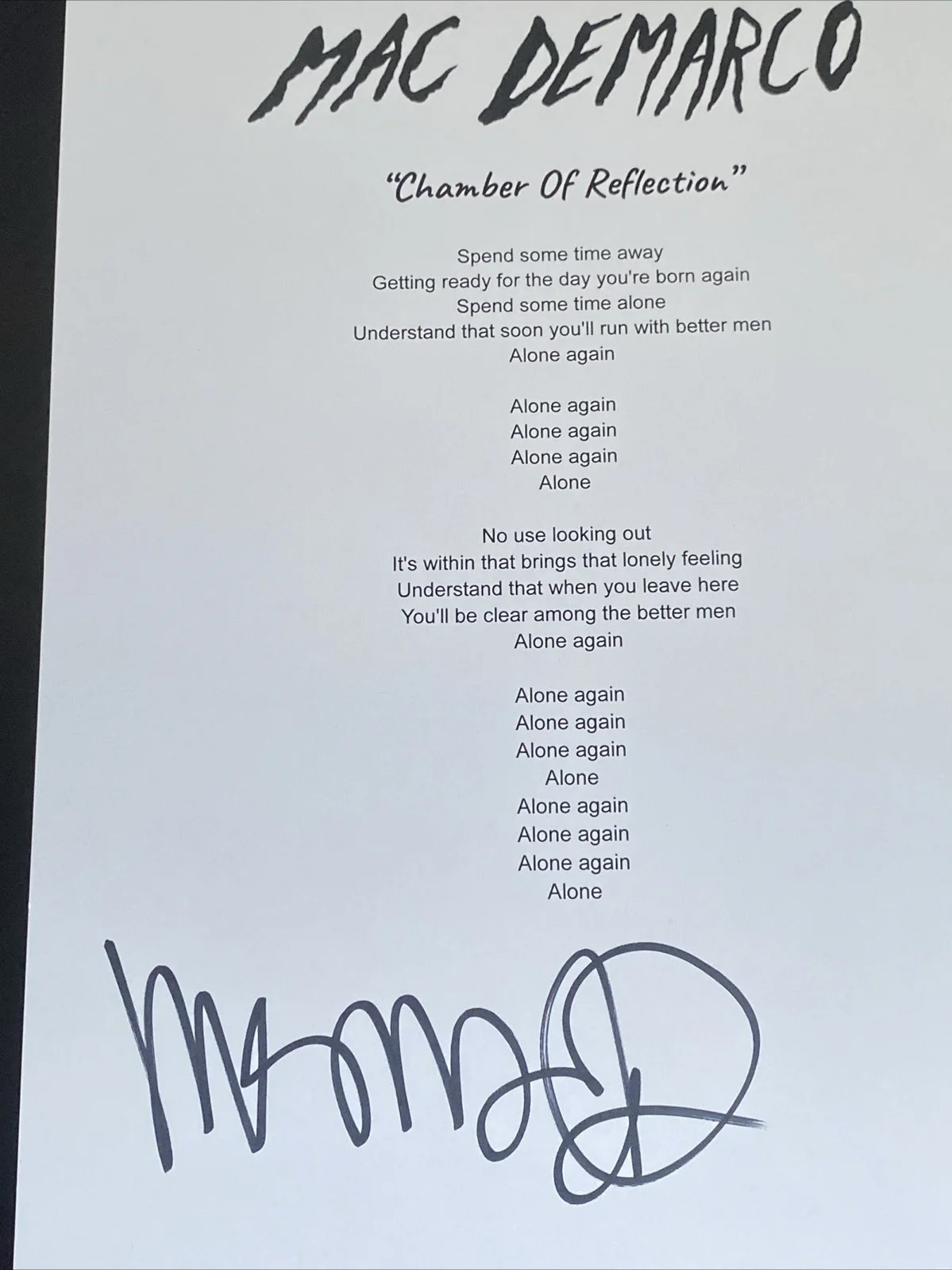 Mac DeMarco Autographed Lyric Sheet ‘Chamber Of Reflection' Indie Pop, image 2