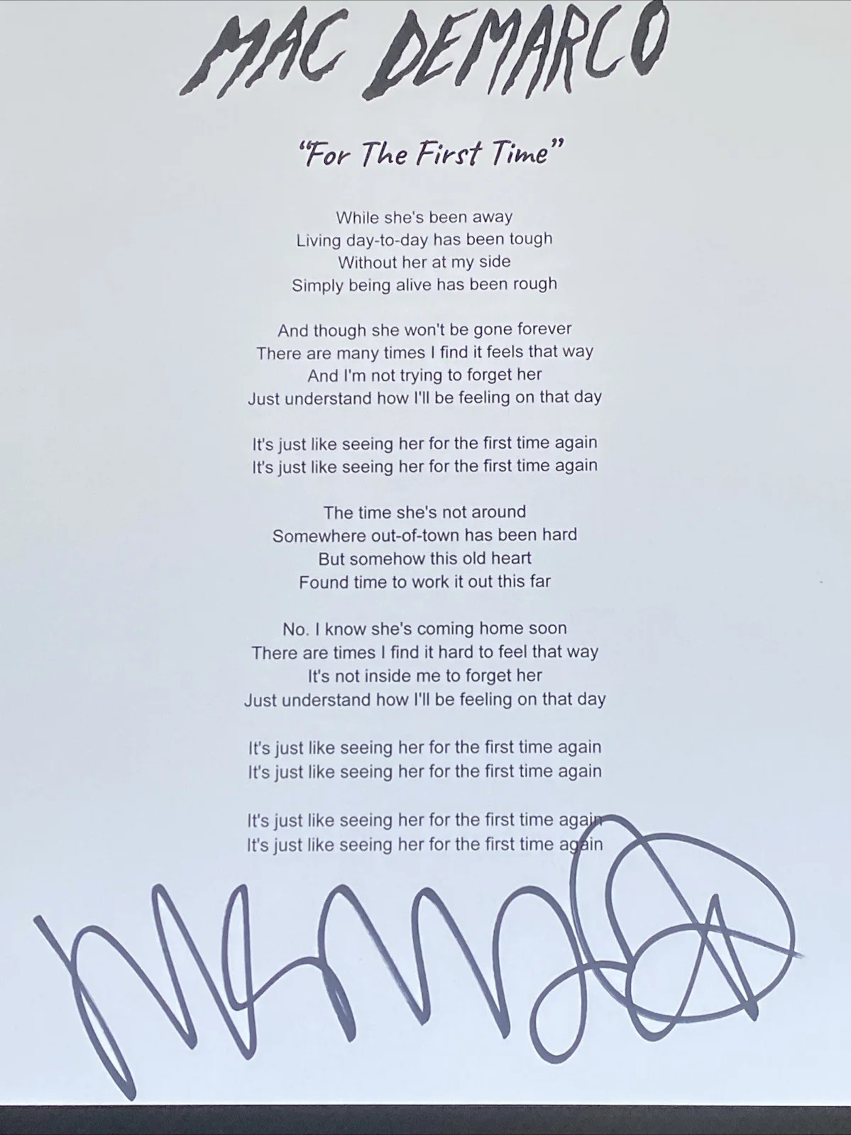 Mac DeMarco Autographed Lyric Sheet ‘For The First Time' Indie Pop, image 2