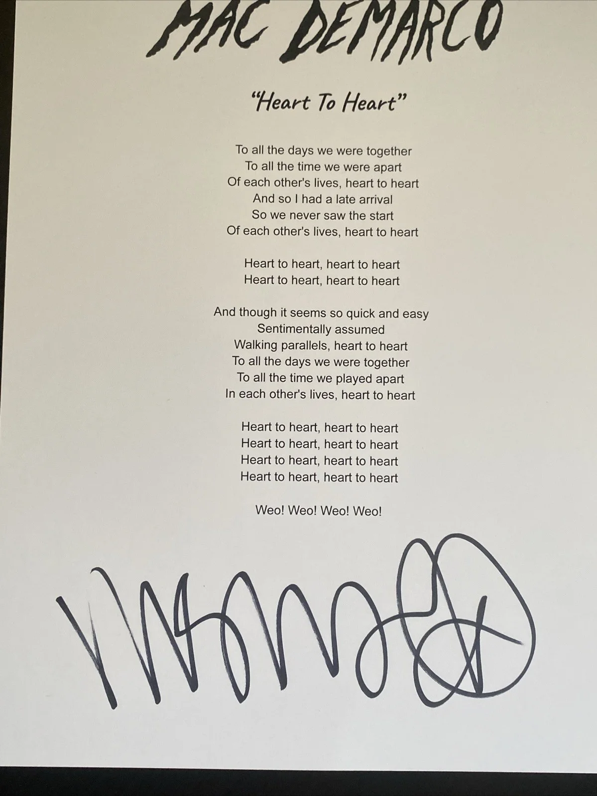 Mac DeMarco Autographed Lyric Sheet ‘Heart To Heart' Indie Pop, изображение 2
