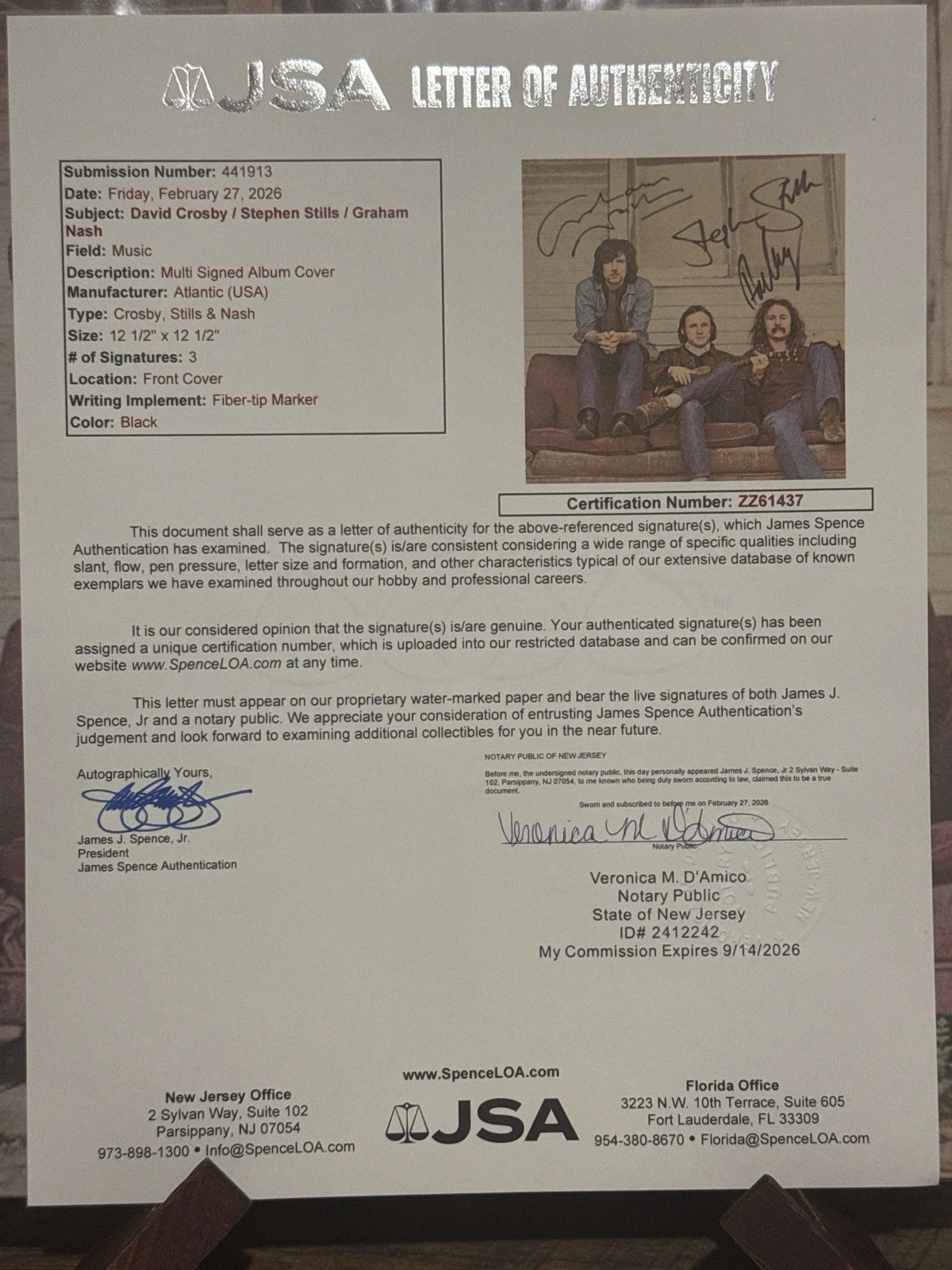 Crosby Stills & Nash Signed LP Album Cover JSA LOA Rare Autograph 3 Signatures, изображение 5
