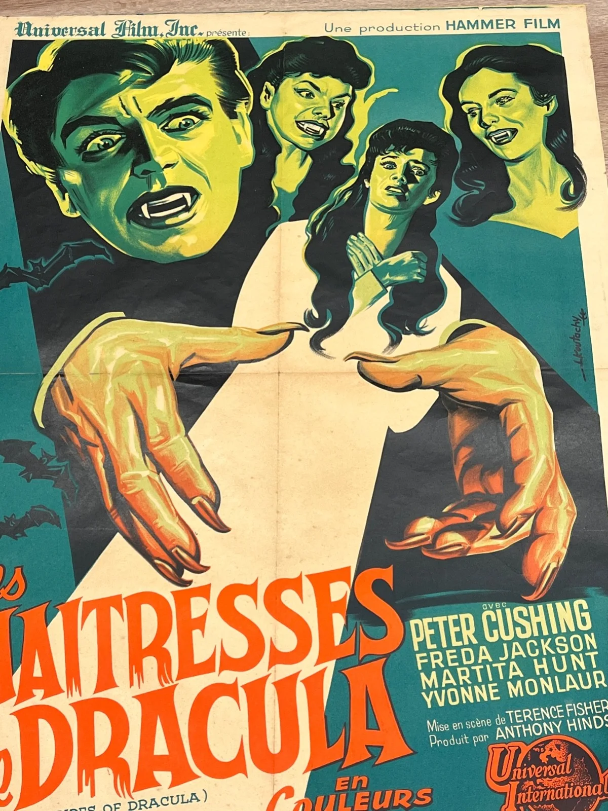 Original 1960 Brides of Dracula Hammer Horror French Movie Poster Peter Cushing, изображение 3