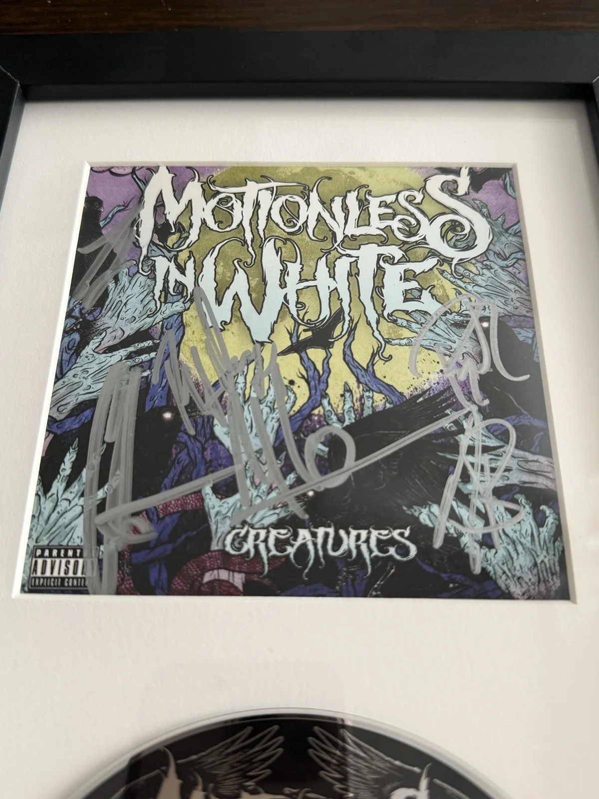 Chris Motionless, Ryan Sitk, TJ Bell, Ricky Horror, Josh Balz, An — MOTIONLESS IN WHITE CREATURES SIGNED DISPLAY FRAMED CD Auto Chris Motionless, image 2