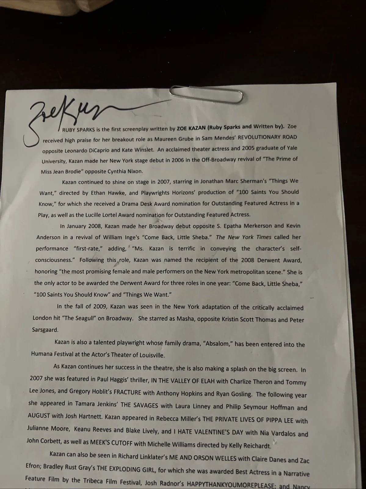 Zoe Kazan, Jonathan Dayton, Valerie Faris — Autographed Press Pages From Film RUBY SPARKS, Zoe Kazan, Dayton/Faris