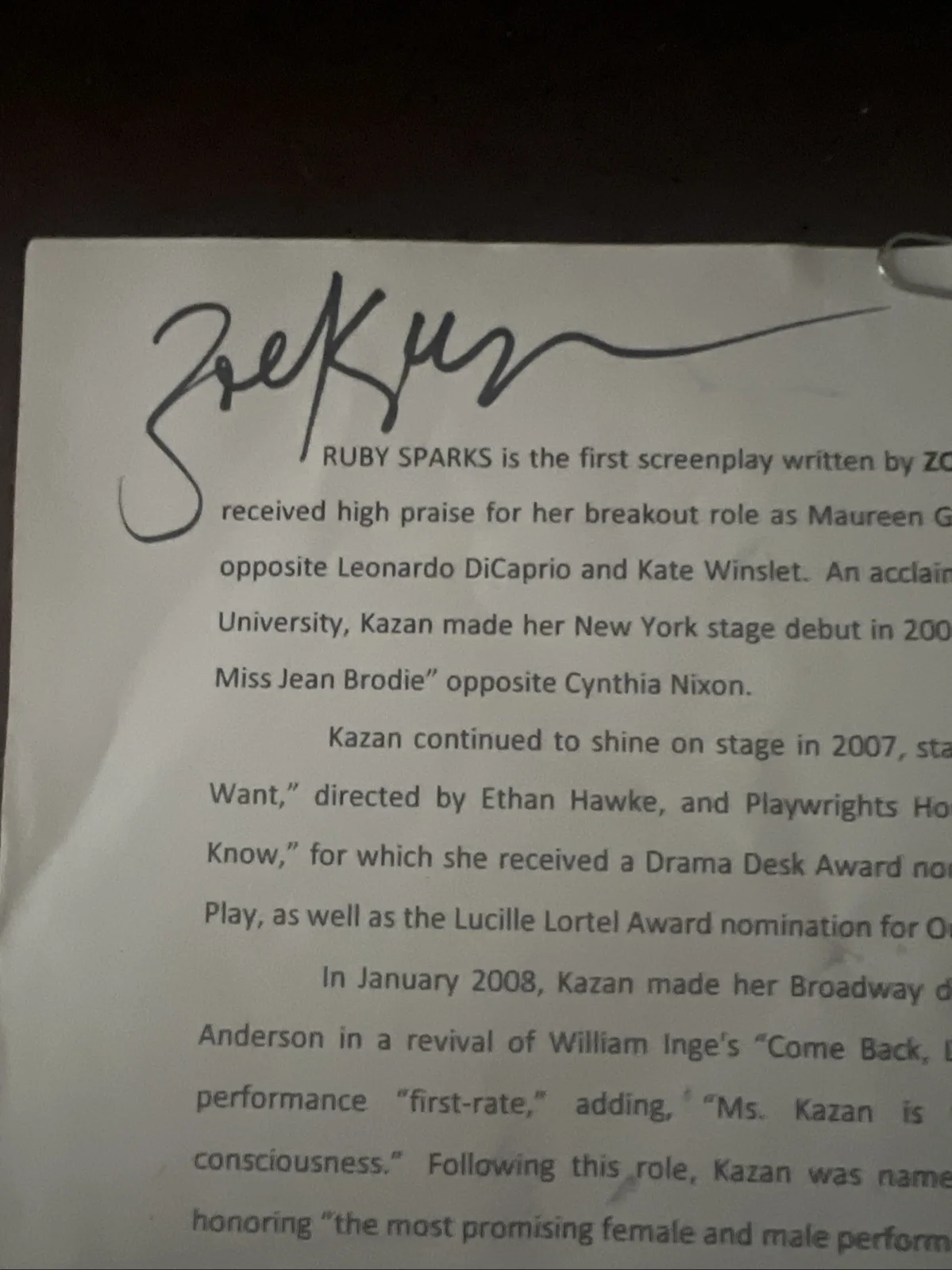 Zoe Kazan, Jonathan Dayton, Valerie Faris — Autographed Press Pages From Film RUBY SPARKS, Zoe Kazan, Dayton/Faris, изображение 2