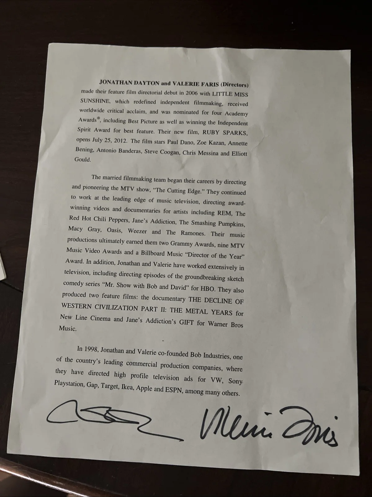Zoe Kazan, Jonathan Dayton, Valerie Faris — Autographed Press Pages From Film RUBY SPARKS, Zoe Kazan, Dayton/Faris, изображение 3