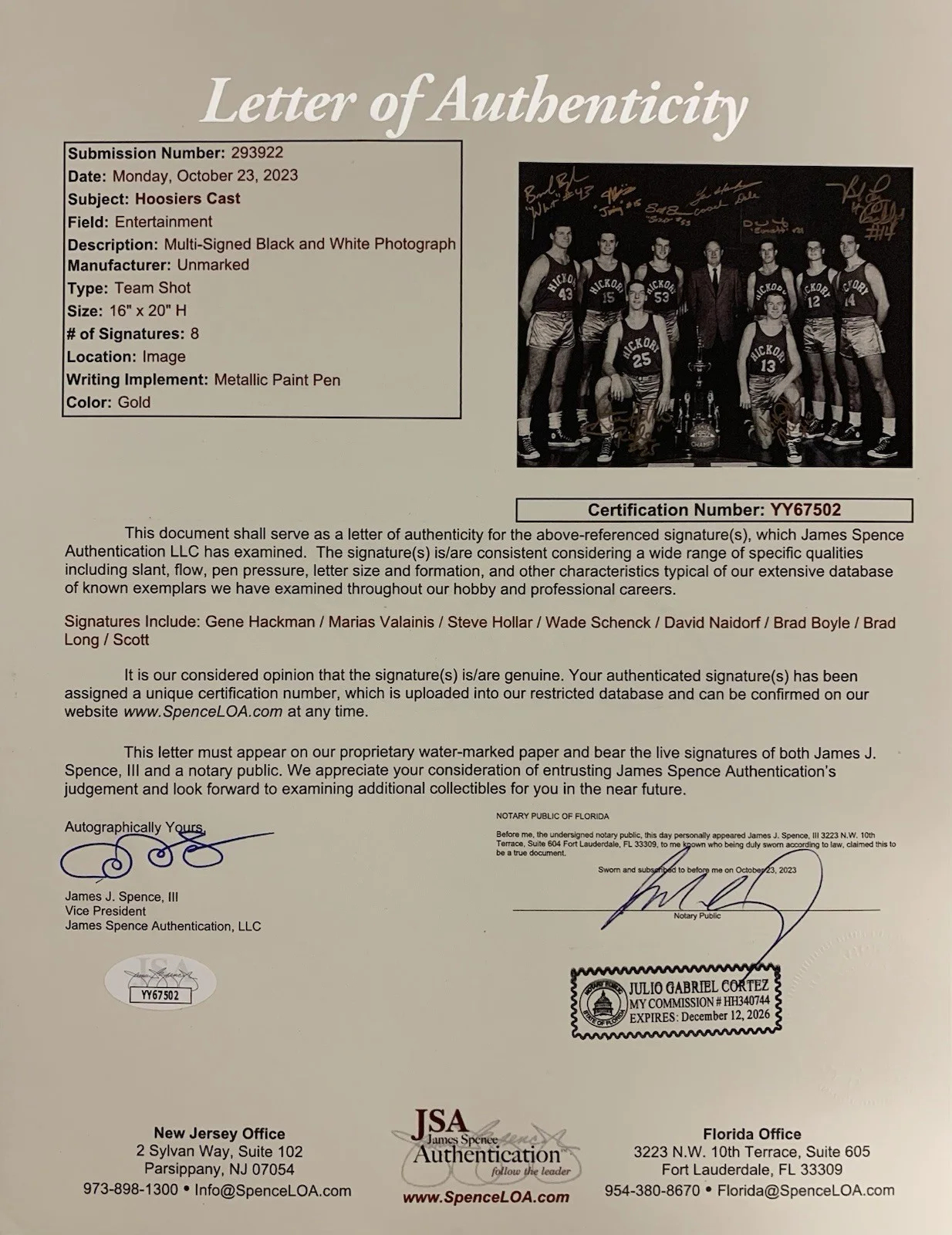 Gene Hackman, Hoosiers Team Cast — Hoosiers Cast & Gene Hackman Signed/Inscribed 16x20 Photo - JSA LOA YY67502, изображение 2