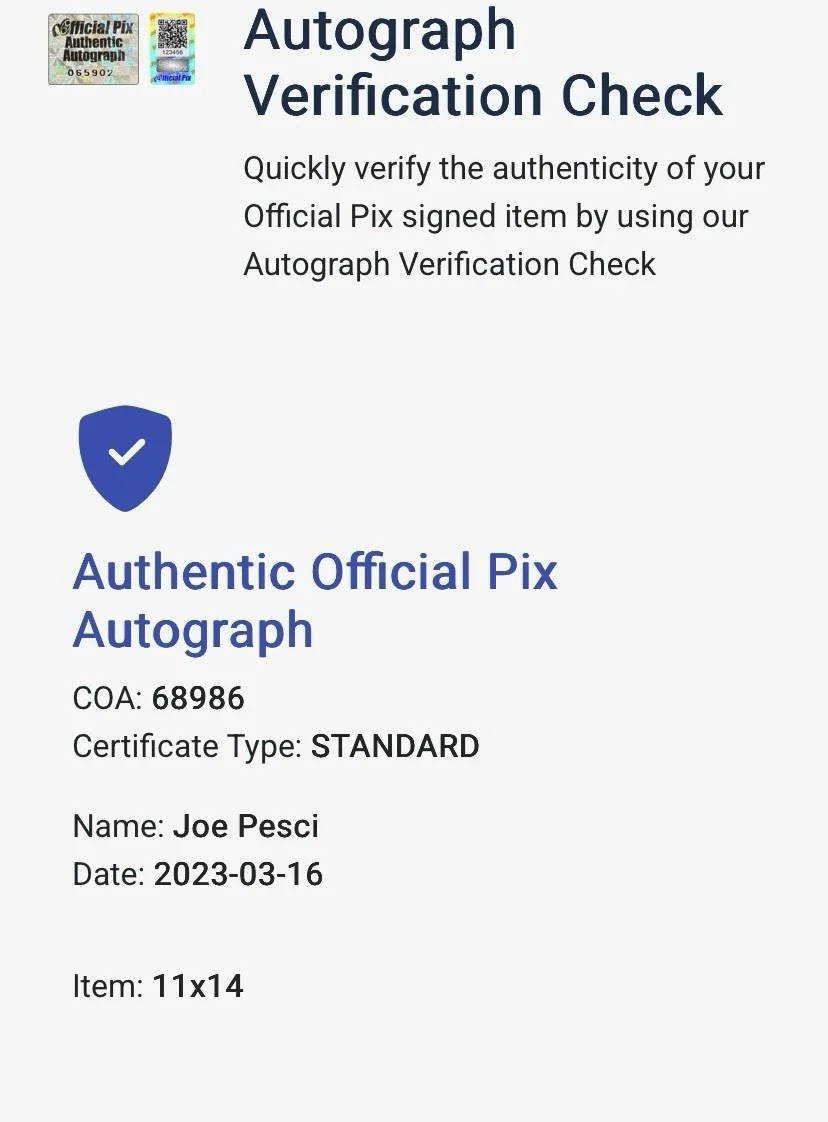 Joe Pesci — Joe Pesci "Home Alone" Autographed/Signed 11x14 Official Pix Photo (068986), изображение 3