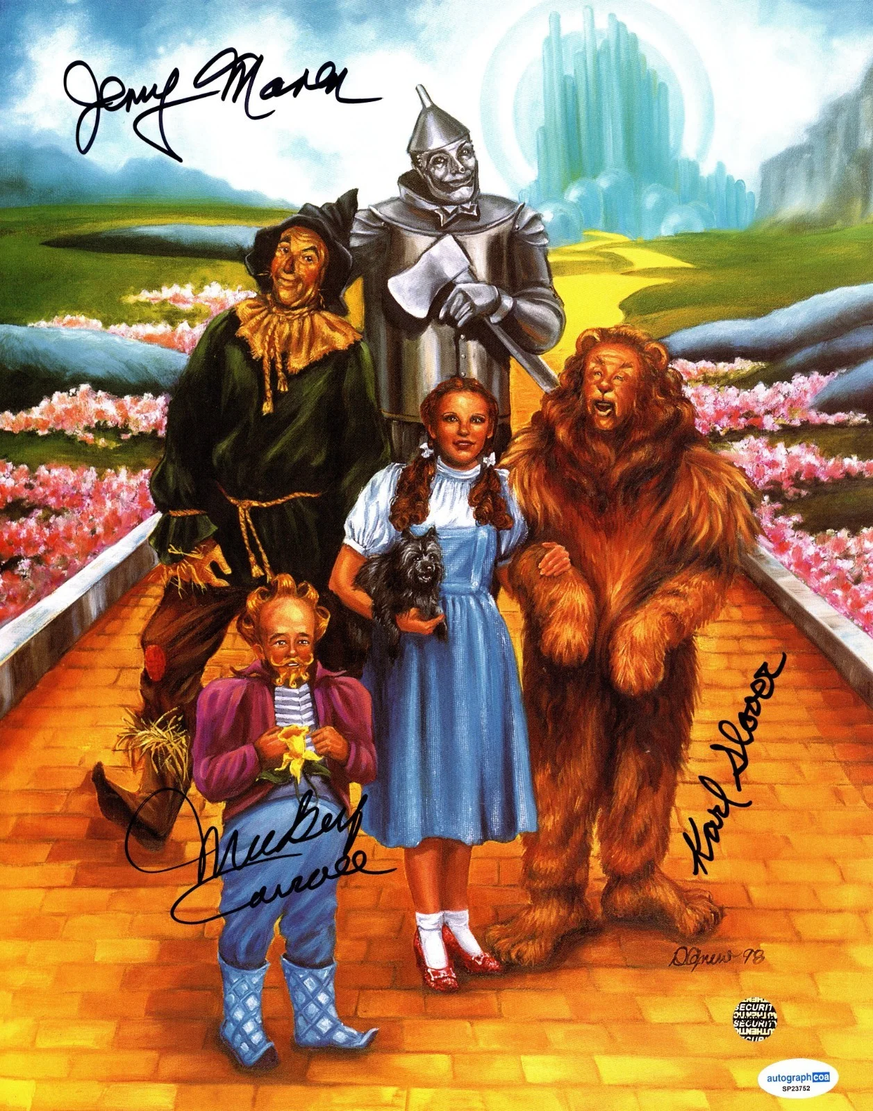 Jerry Maren, Karl Slover, Mickey Carroll — *THE WIZARD OF OZ* MAREN, SLOVER & CARROLL TRIPLE SIGNED 11X14 PHOTO ACOA AUTO