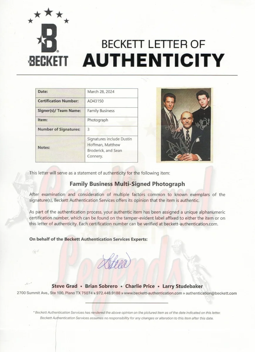 Sean Connery, Dustin Hoffman, Matthew Broderick — Sean Connery Dustin Hoffman Matthew Broderick Signed Autographed 8X10 Photo BAS, изображение 2