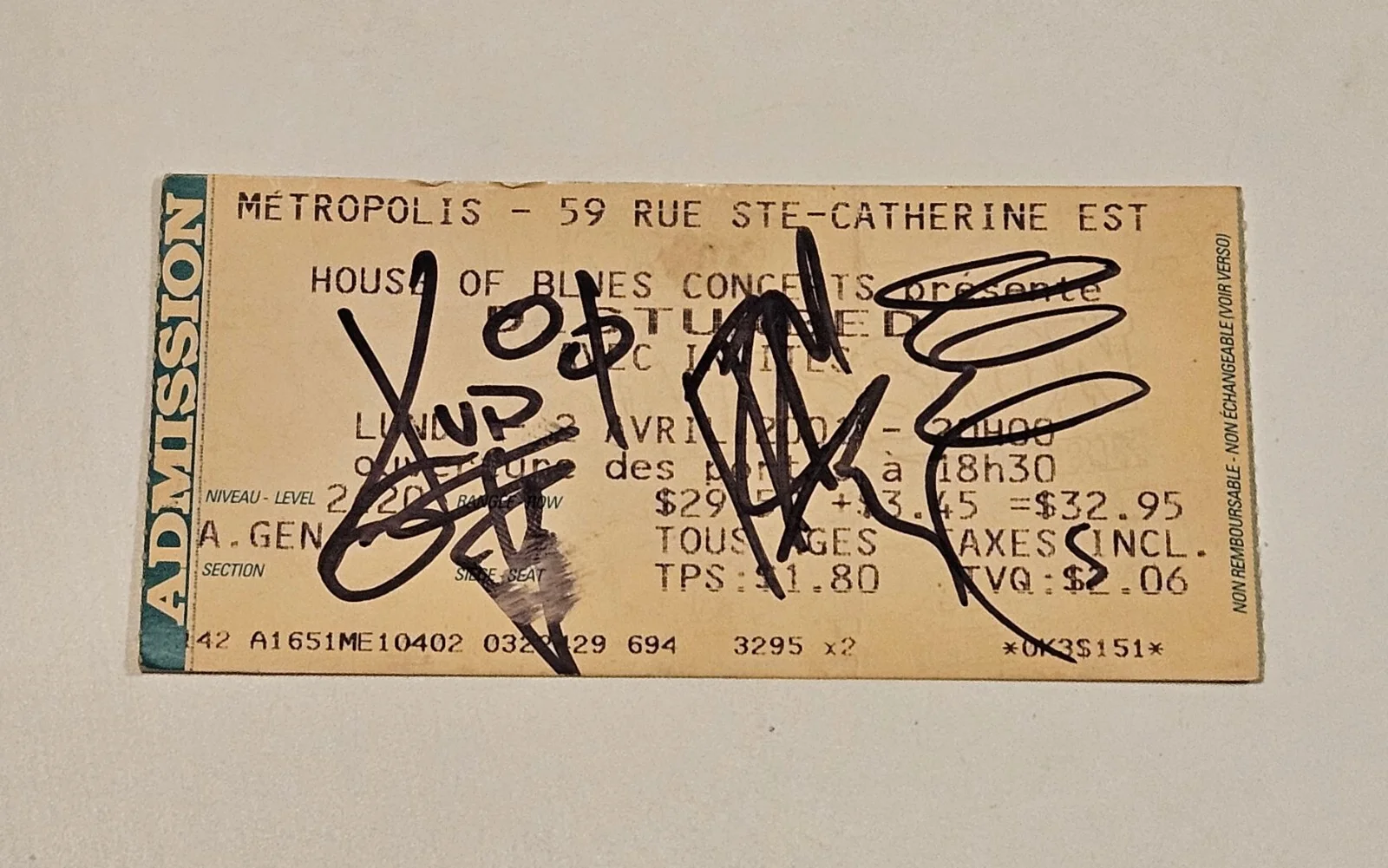 4/2/2001 Montreal House Of Blues MUDVAYNE Band Autographed Signed Ticket Stub, изображение 2