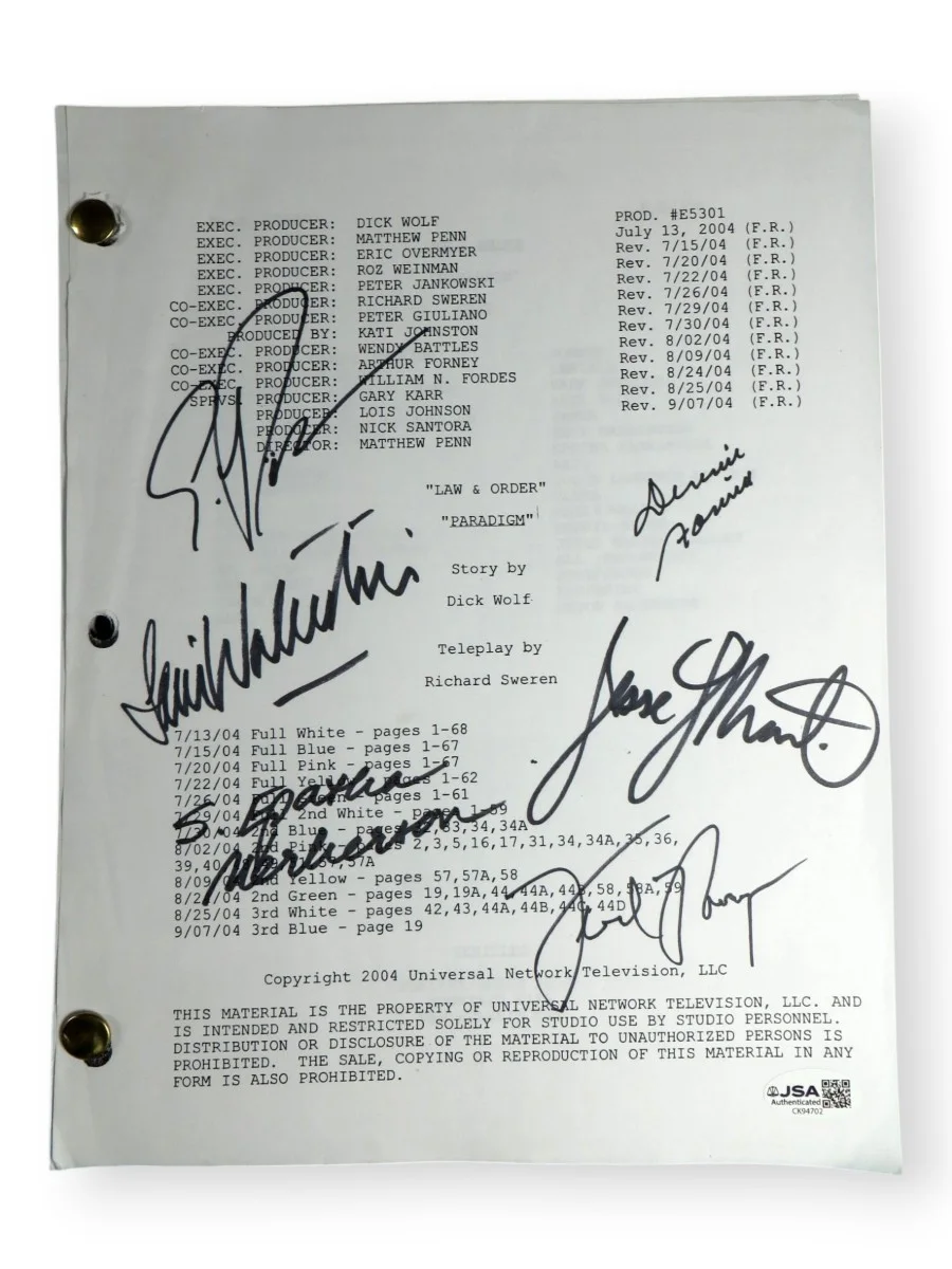 Sam Waterston, Jesse L. Martin, Dennis Farina, Fred Thompson — Law & Order Cast Signed Autographed Script Thompson Farina Waterston Rohm +2 JSA