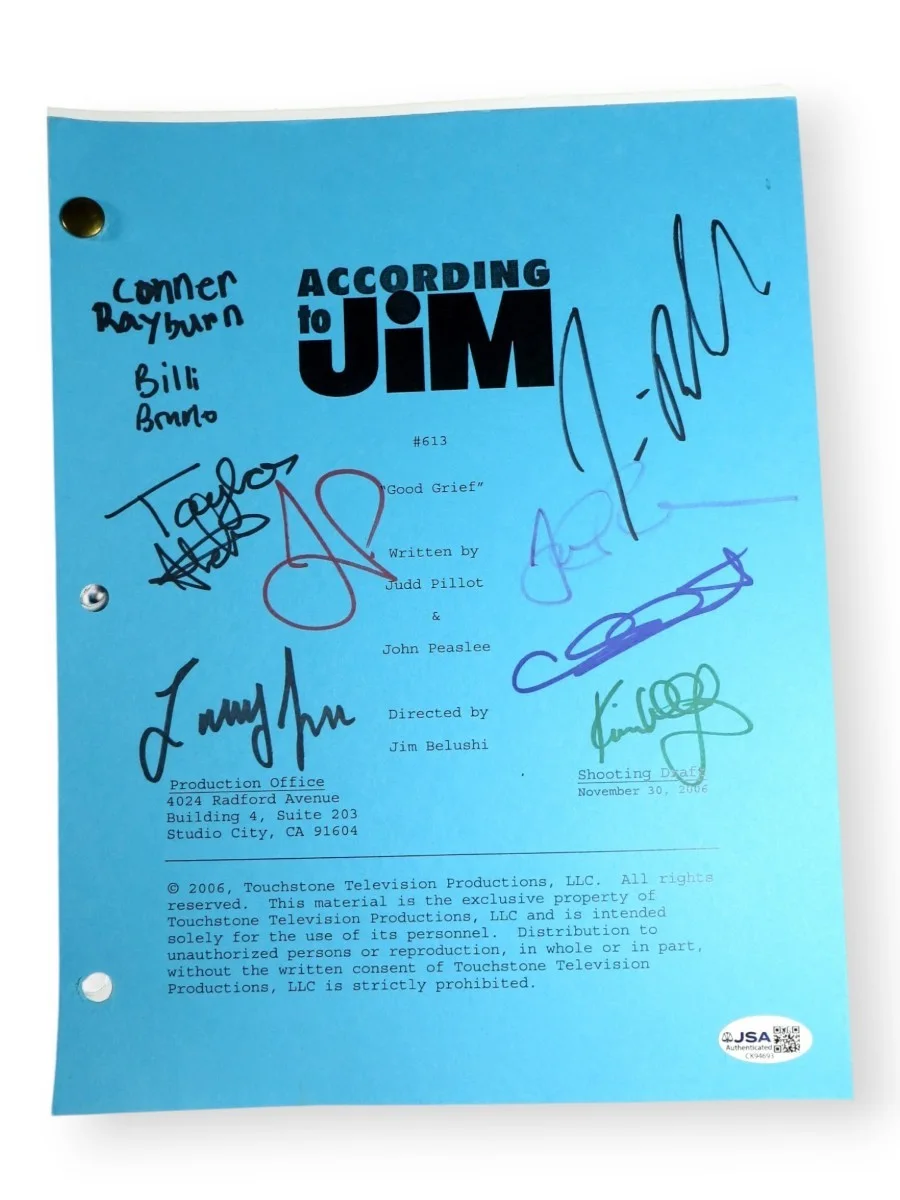 Jim Belushi, Courtney Thorne-Smith, Conner Rayburn — According to Jim Cast Signed Autographed Script Jim Belushi Thorne-Smith +7 JSA