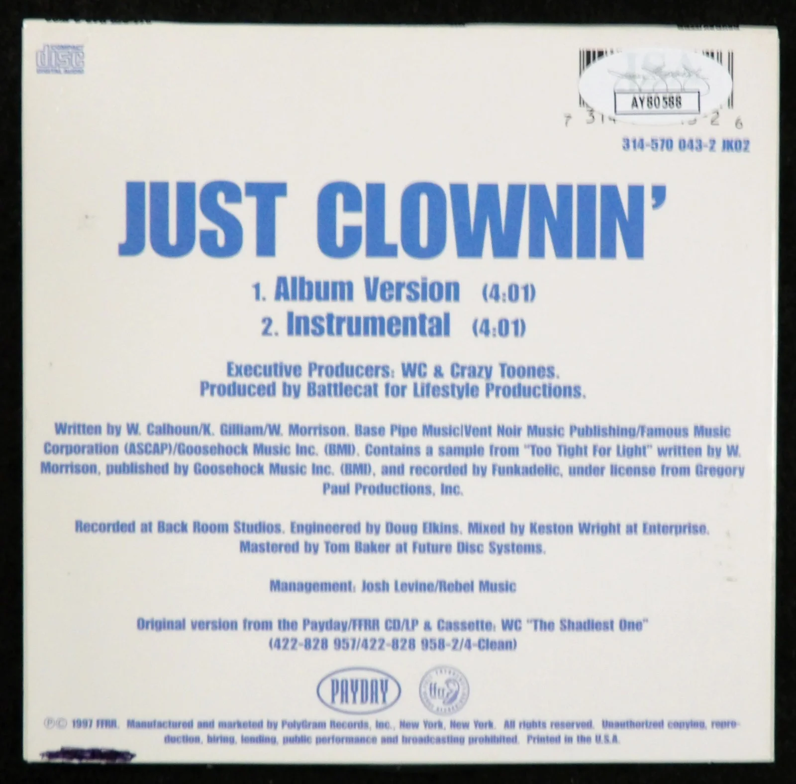 WC William Calhoun Signed Just Clownin' CD Cover JSA Authenticated, image 2
