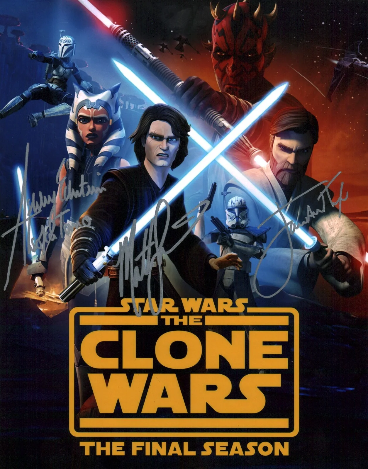 Matt Lanter, Ashley Eckstein, James Arnold Taylor — Star Wars 11x14 Poster Cast x3 Signed Lanter Eckstein Taylor JSA Certified Auto