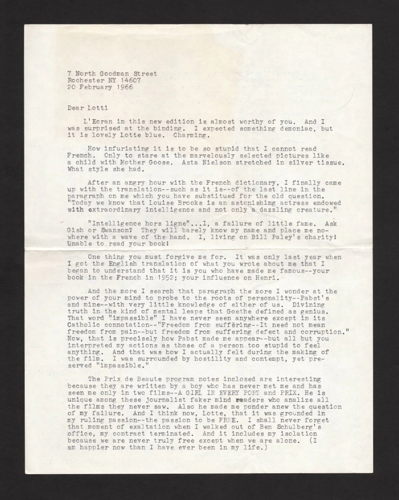 LOUISE BROOKS — ONE OF A KIND 1966 LOUISE BROOKS LOTTE EISNER LETTER BRANDO CHAPLIN GISH PABST