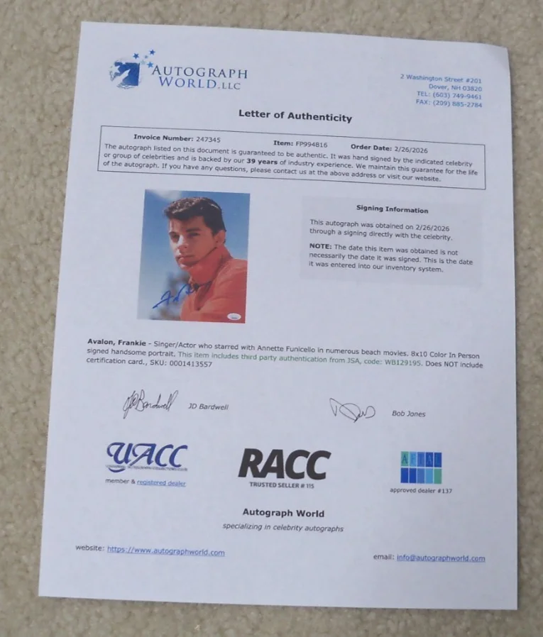 Frankie Avalon — young Frankie Avalon signed photo COA JSA, image 3